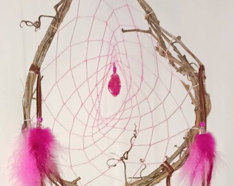 Dream catcher pink glow in the dark grapevine agate slice rooster and turkey feathers buckskin