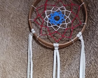 Dream Catcher embroidery hoop red white and blue painted web white leather rooster feathers