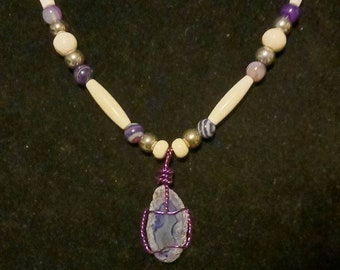 Purple agate and bone necklace