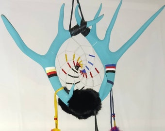 Deer Antler  Dream Catcher hand painted Eastern Western Medicine Wheel buckskin leather  rooster and turkey feathers rabbit fur