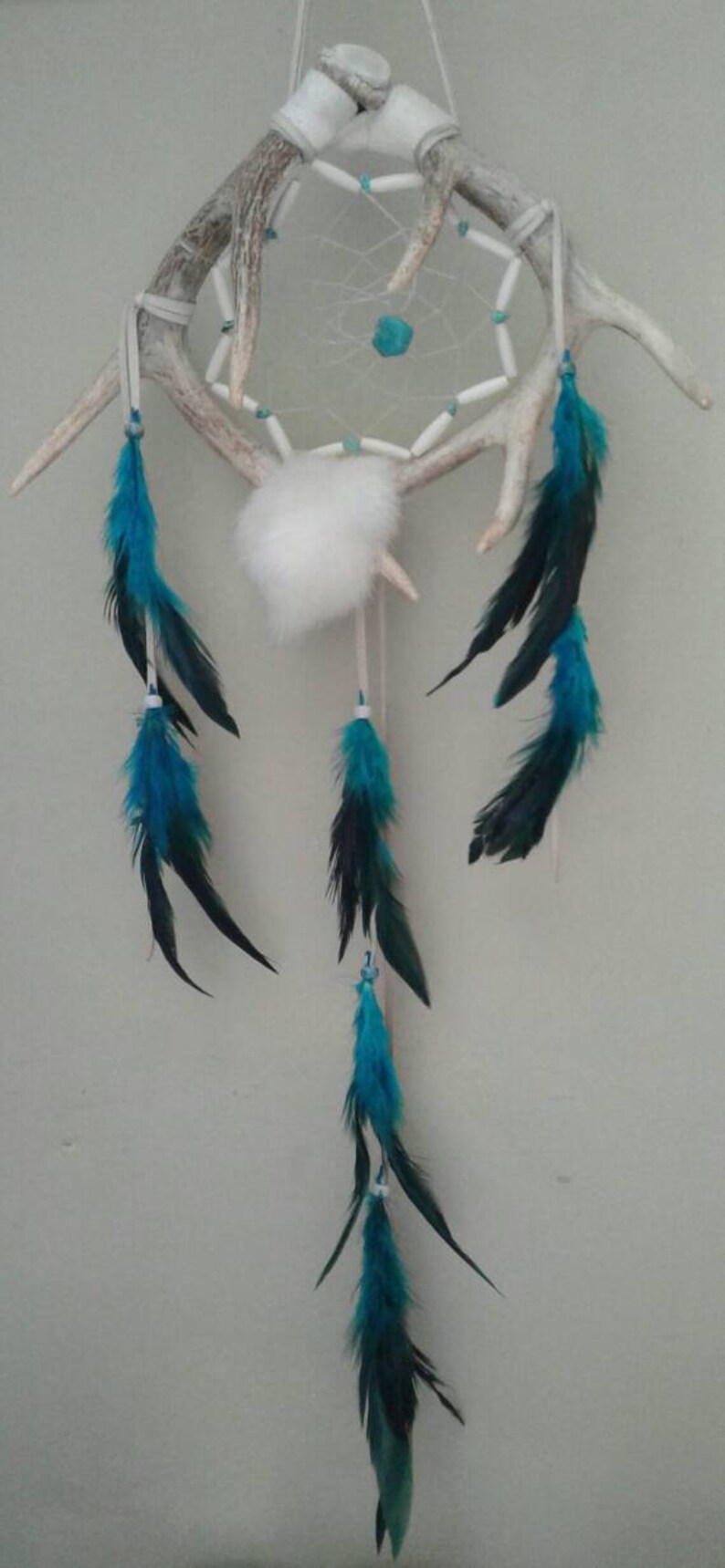 Deer Antler Dream Catcher rabbit fur bone beads turquoise Etsy