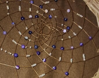 Dream Catcher grape vine purple Agates and iridescent glass beads turkey and rooster feathers buckskin