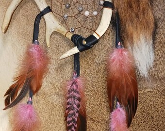 Deer Antler Dream Catcher black leather Jasper beads rooster feathers fox tail glass beads