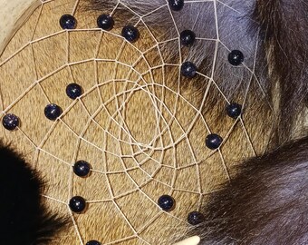 Deer Antler Dream Catcher Silver fox tail black rabbit fur Blue Goldstone rooster feathers blue leather glass beads