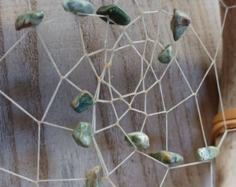 Deer Antler Dream Catcher Rhyolite stones peacock rooster and turkey feathers buckskin  glass beads metal cones