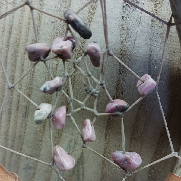 Deer Antler Dream Catcher Rhodonite  gemstones rooster feathers buckskin glass beads metal cones