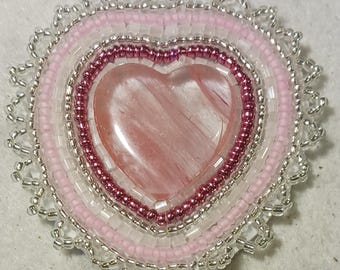 Beaded Pendant Medallion pink Agate heart Glow In the Dark Glass Seed beads
