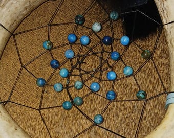Deer Antler  Dream Catcher Jasper beads blue leather rooster feathers rabbit fur