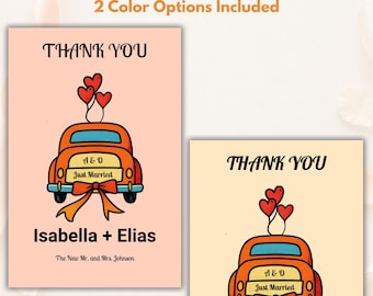 Plantilla de tarjeta de agradecimiento de boda retro, editable en Canva, boda de los años 70, coche vintage, arte pop, descarga digital.