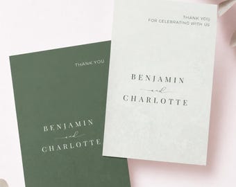 Modello di biglietto di ringraziamento per matrimonio modificabile, biglietto di ringraziamento su Canva 4x6, biglietto di ringraziamento minimalista verde salvia per matrimonio, biglietto moderno con grazie