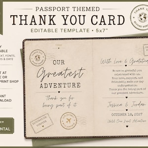 Passport Wedding Thank You Card Template, Editable Canva Thank You Card, Destination Wedding, Elopement, Travel Theme, 5x7