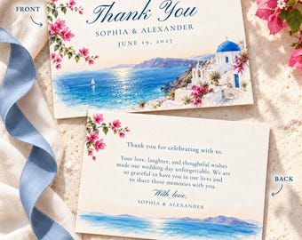 Modèle de carte de remerciement de mariage à Santorin, aquarelle d'île grecque, mariage de destination bleu et rose, carte Canva modifiable