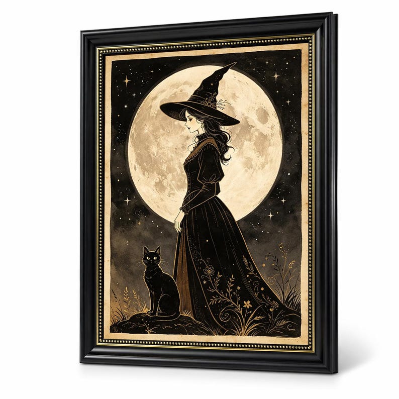 Witch Wall Art Print Black Cat Poster Full Moon Decor Mystical Gothic ...