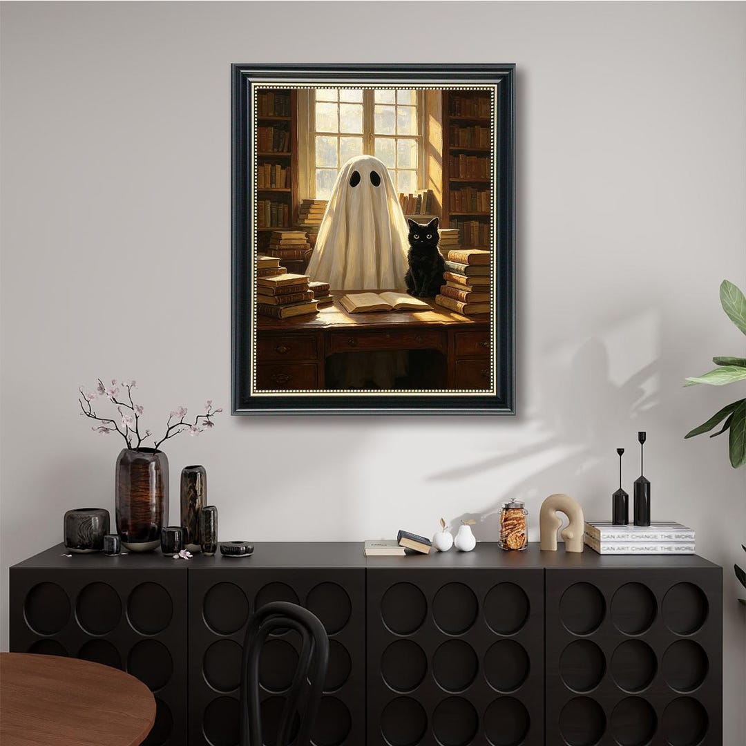 Ghost Library Wall Art Print: Black Cat, Books, Dark Academia Decor - Etsy