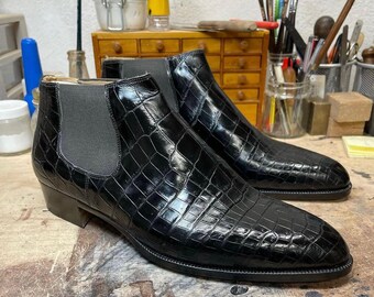新作ハンドメイドアリゲーターレザーカスタムメイドチェルシーブーツ（メンズ）