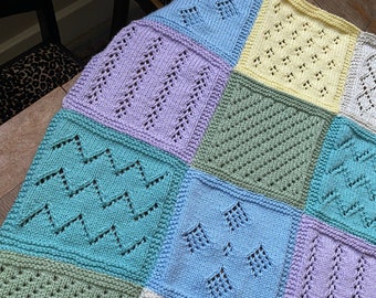 Knitting Pattern, Lace Patchwork Blanket, Knitted squares, patches, aran, blanket, PDF, Instant Download