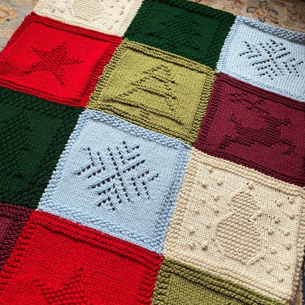 Knitting Pattern, Christmas Patchwork Blanket, Instant Download,