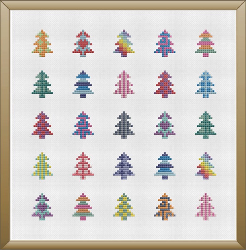 Peut inclure: Une broderie au point de croix encadr&eacute;e repr&eacute;sentant une grille de vingt sapins de No&euml;l color&eacute;s. Chaque arbre pr&eacute;sente une combinaison de couleurs diff&eacute;rente, notamment des nuances de rouge, de vert, de bleu, de jaune et de violet. Les arbres sont sur fond blanc.