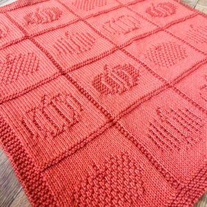 May include: A square coral-colored knitted blanket featuring a grid of nine distinct panels. Each panel displays a textured, raised pumpkin motif created through knit and purl stitches, arranged in a three-by-three pattern across the fabric.