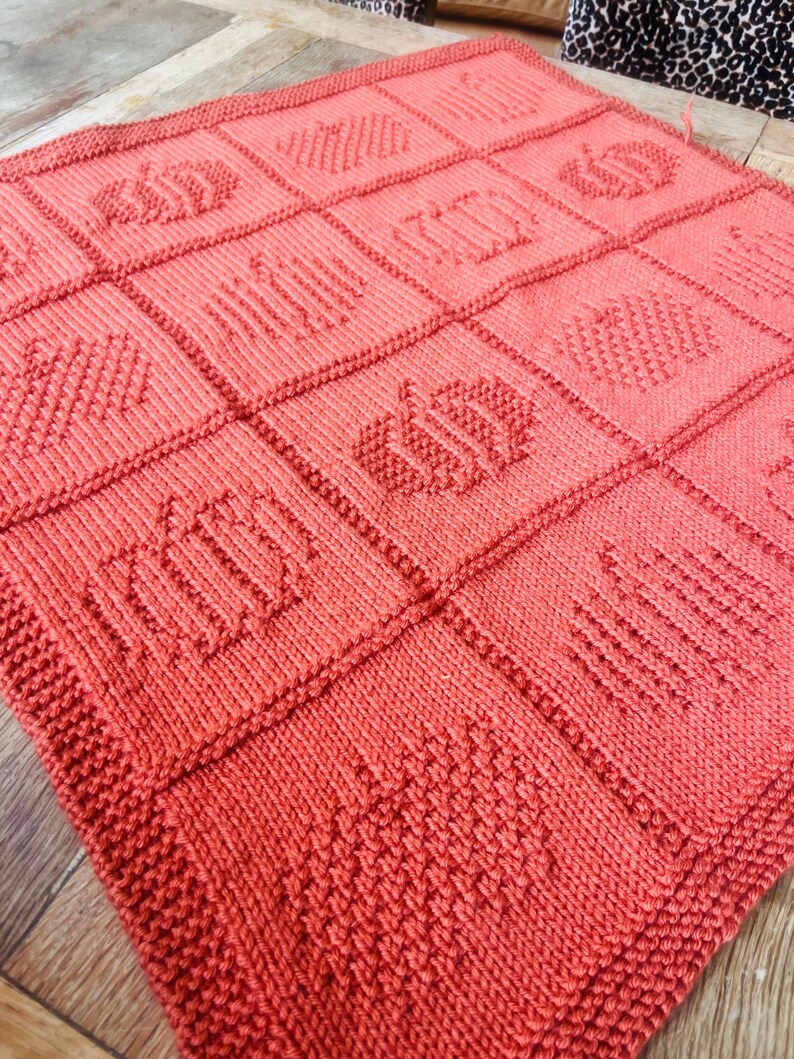May include: A square coral-colored knitted blanket featuring a grid of nine distinct panels. Each panel displays a textured, raised pumpkin motif created through knit and purl stitches, arranged in a three-by-three pattern across the fabric.