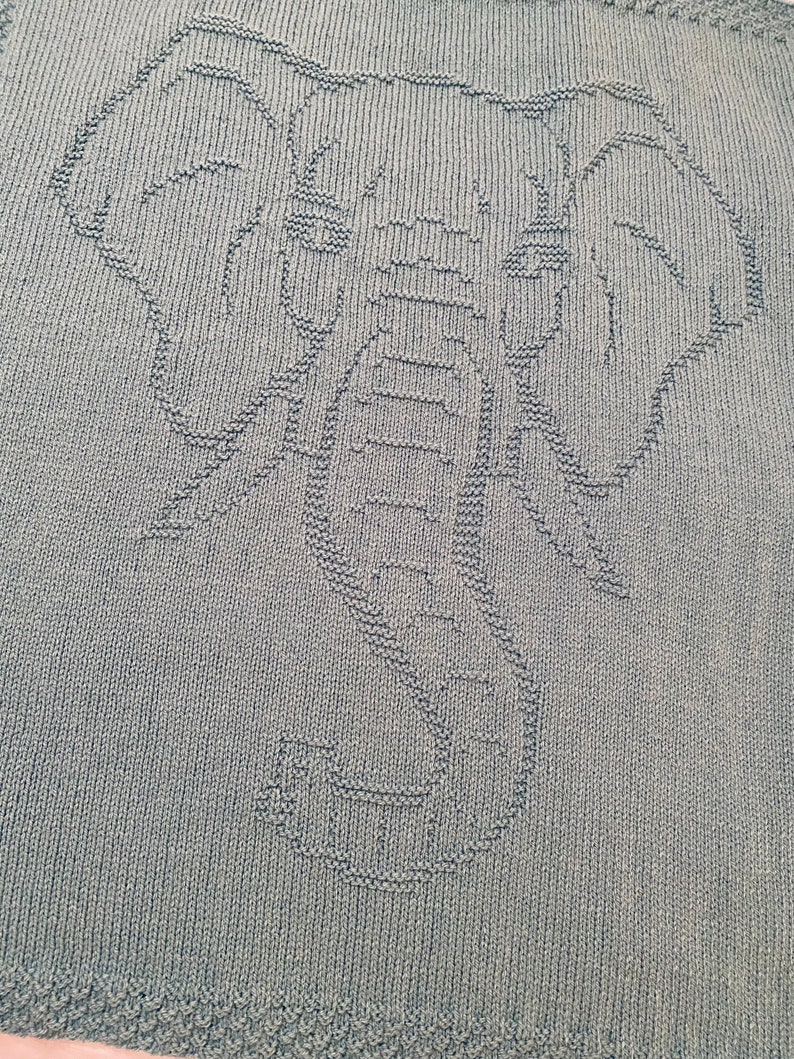 Pode incluir: Um cobertor de malha verde com um design de elefante.