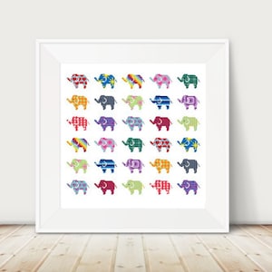 May include: A framed print featuring a grid of colorful, pixelated elephants. Each elephant is a different color and pattern, including plaid, stars, and stripes. The artwork is displayed in a white frame, creating a vibrant and playful aesthetic.