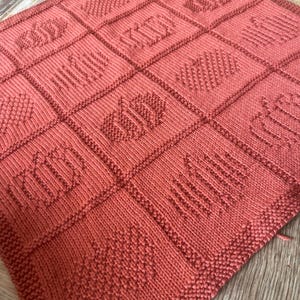 May include: A square knitted blanket in a solid terracotta color featuring a grid pattern of nine distinct sections. Each section displays a textured, raised knit design of a pumpkin shape created through a combination of knit and purl stitches.