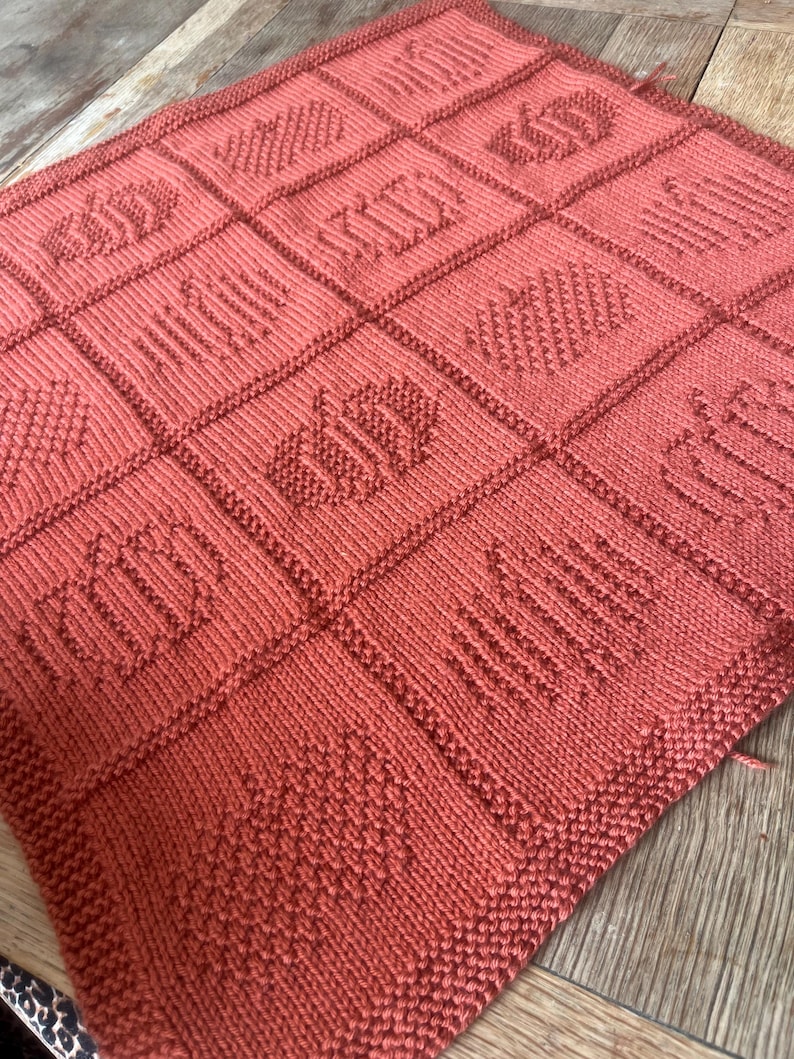May include: A square knitted blanket in a solid terracotta color featuring a grid pattern of nine distinct sections. Each section displays a textured, raised knit design of a pumpkin shape created through a combination of knit and purl stitches.
