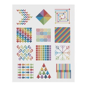 May include: A white background features a grid of colorful cross-stitch patterns. Designs include geometric shapes, arrows, fish, and a Christmas tree, all in a variety of bright colors. The patterns are reminiscent of needlepoint or embroidery.