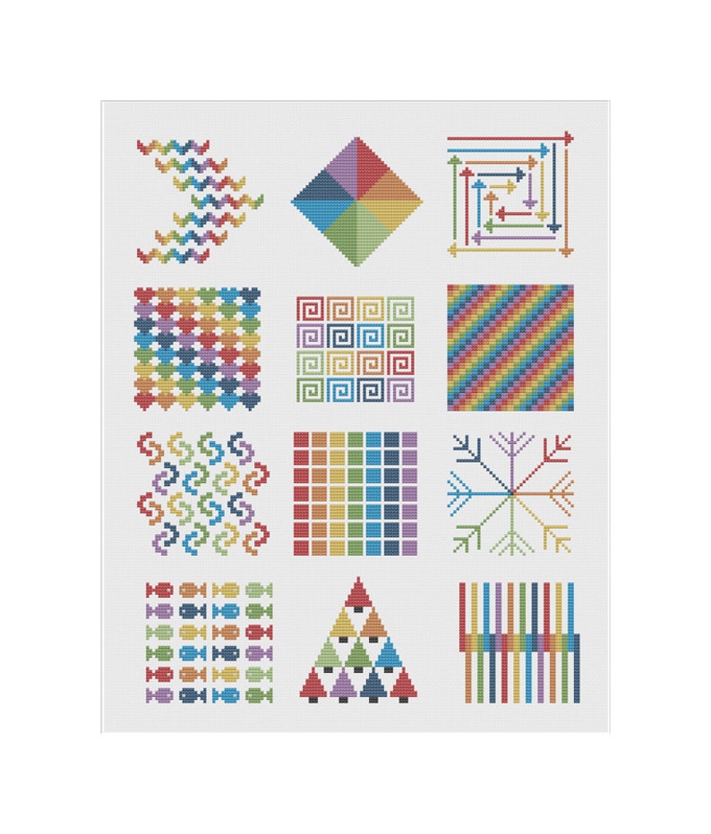 May include: A white background features a grid of colorful cross-stitch patterns. Designs include geometric shapes, arrows, fish, and a Christmas tree, all in a variety of bright colors. The patterns are reminiscent of needlepoint or embroidery.