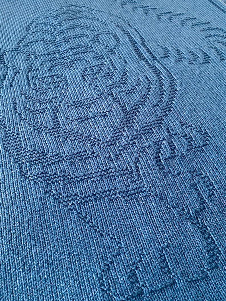 Pode incluir: Um close-up de um cobertor de malha azul com um padr&atilde;o texturizado. O padr&atilde;o &eacute; um desenho repetitivo de pequenos quadrados e ret&acirc;ngulos.