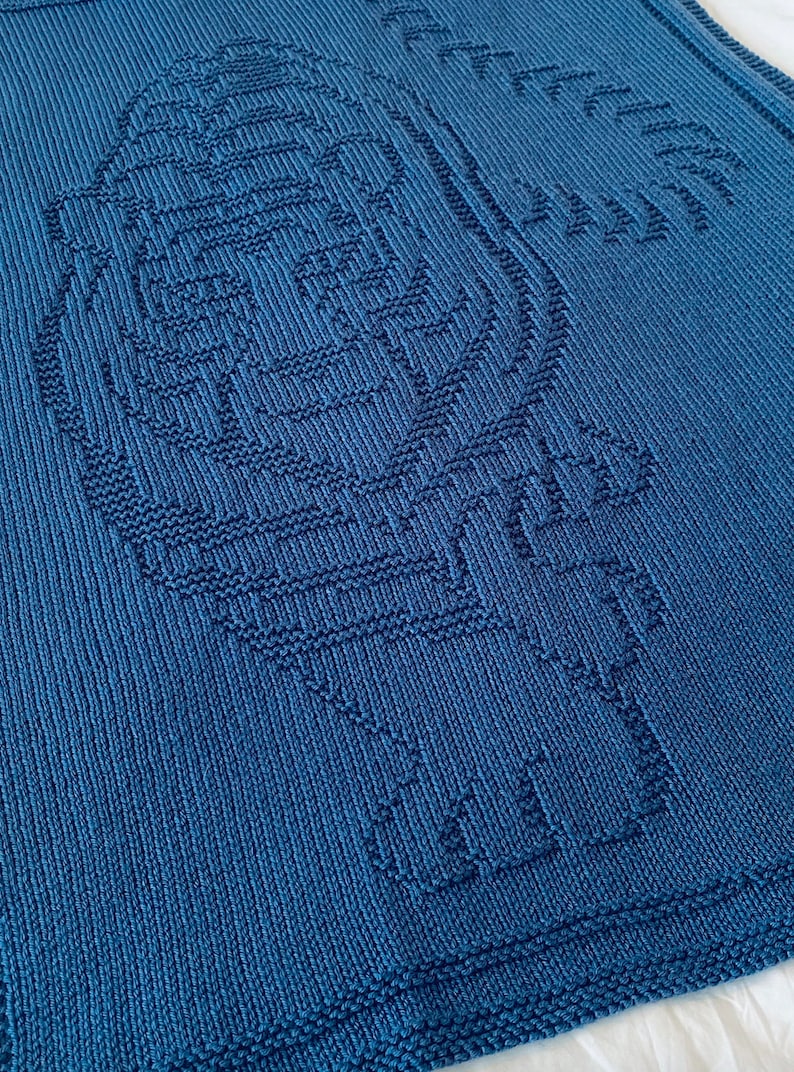 Pode incluir: Um cobertor de beb&eacute; azul de malha com um contorno branco de um p&aacute;ssaro no centro.