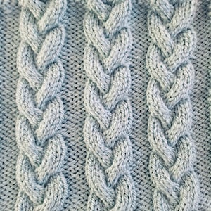 Peut inclure: Gros plan sur un tissu tricot&eacute; bleu clair avec un motif en c&ocirc;tes. Le tissu a un aspect et un toucher doux et textur&eacute;.