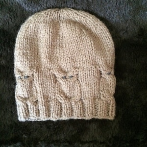 May include: A brown knitted beanie hat with a cable knit pattern.