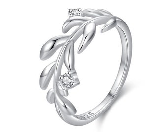 Sterling Silver Plated Diamond Leaf Fashion Ring