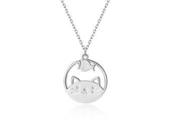 Sophisticated Whimsy: Hungry Cat Sterling Silver Necklace Quirky Elegance for Feline Enthusiasts