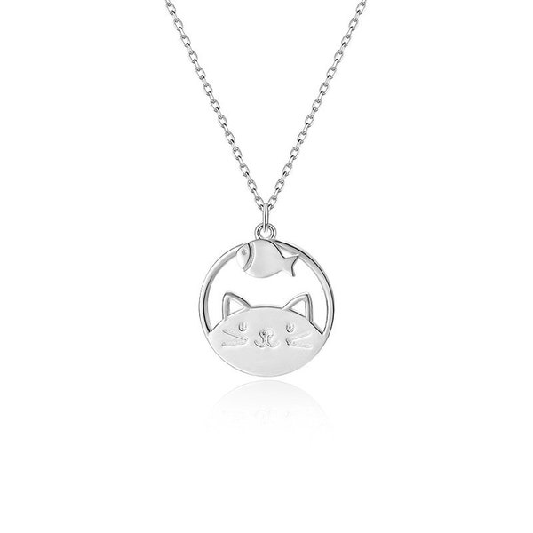 Sophisticated Whimsy: Hungry Cat Sterling Silver Necklace Quirky Elegance for Feline Enthusiasts