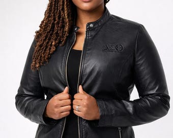 Delta-Sigma-Theta-Schwarz-Leder-Bikerjacke | Griechischer Sorority Moto-Mantel für Damen
