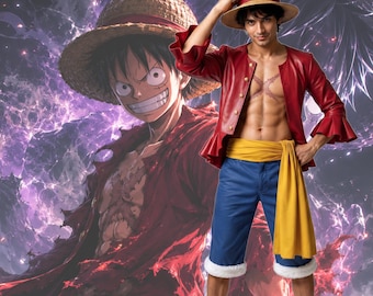 One Piece Ruffy Cosplay Kostüm: Echte Lederjacke, Anime Pirat Outfit für Männer