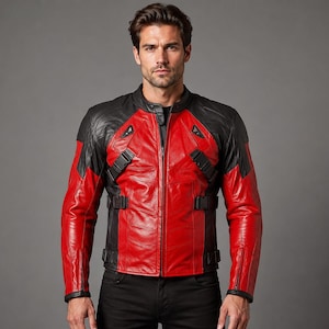 K&ouml;nnte beinhalten: Eine Lederjacke mit einem auff&auml;lligen Color-Block-Design in leuchtendem Rot und Schwarz. Die Jacke verf&uuml;gt &uuml;ber einen Stehkragen, einen durchgehenden Frontrei&szlig;verschluss und mehrere verstellbare Seitengurte mit schwarzen Kunststoffschnallen.