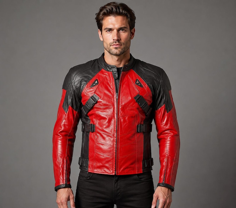 K&ouml;nnte beinhalten: Eine Lederjacke mit einem auff&auml;lligen Color-Block-Design in leuchtendem Rot und Schwarz. Die Jacke verf&uuml;gt &uuml;ber einen Stehkragen, einen durchgehenden Frontrei&szlig;verschluss und mehrere verstellbare Seitengurte mit schwarzen Kunststoffschnallen.