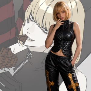 Puede incluir: Una mujer con un chaleco negro acolchado y pantalones a juego con detalles dorados. El fondo presenta una ilustración de estilo manga de una persona con cabello rubio y una barra de chocolate.