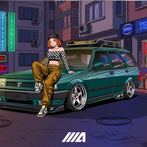 May include: An illustration of a teal station wagon with custom wheels parked on a city street. A person with red hair and a checkered top sits on the car. Neon signs and a store with the text "TEKEL BAYII" are in the background.