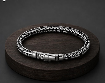 Bracciale a chiglia in argento sterling, catena intrecciata a mano, gioiello di lusso retrò unisex
