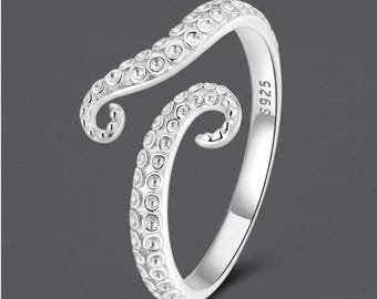 925 Sterling Silver Octopus Ring, Adjustable Ocean Animal Minimalist Jewelry