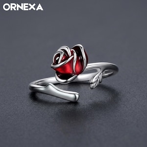 925 Sterling Silver Red Rose Adjustable Ring, Romantic Flower Jewelry