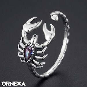 Sterling Silver Scorpion Ring, Mystic Crystal Gothic Punk Jewelry, Adjustable Statement Ring