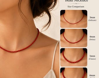 Rare Red Coral Beaded Necklace 3MM To 7MM Smooth Round, Minimalist Handmade Jewelry, Dainty Coral Choker Necklace, Gift for Women Birthday