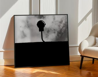 Fotografia minimalista in bianco e nero con sagoma di lampada, decorazione murale minimalista, foto toscana di luci e ombre