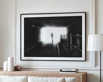 Fotografía en blanco y negro, “La luz al final del túnel”, decoración minimalista para el hogar, descarga de arte digital.